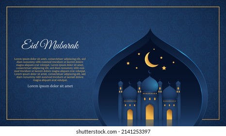 Horizontal gradient blue Ramadan kareem and Eid al-Fitr greeting card template with realistic mosque, moon and shining stars illustration Vector - Shutterstock ID 2141253397