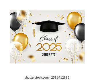 Horizontal graduation banner with balloons, hats and confetti, Class of 2025.