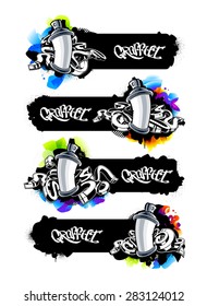 Horizontal graffiti banners with spray cans and abstract arrows. Cool graffiti design templates with copy-space. Vector graphics.