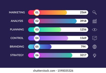 Horizontal graphic marketing infographic elements. Vector progress bar with charts, financial categories, corporate report visualization, info graph illustration design for presentation