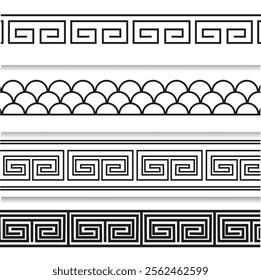 Horizontal graphic patterns set. Chinese outlines patterns borders