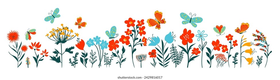 Horizontal grass headers. Cute simple flowers and butterflies in the grass. hand drawing. Not AI, Vector illustration.