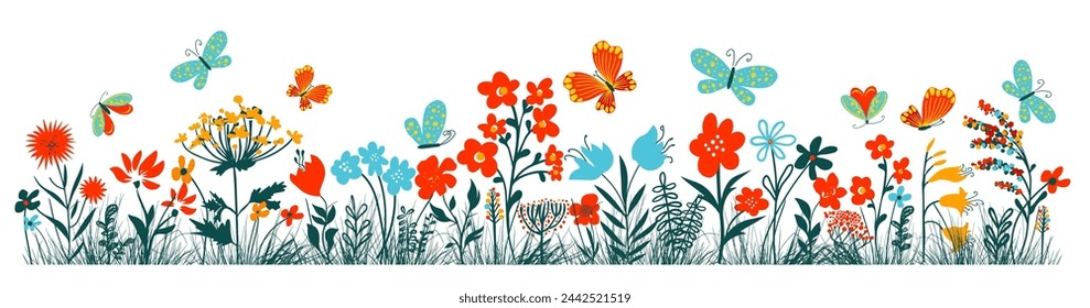 Horizontal grass headers. Cute simple flowers and butterflies in the grass. hand drawing. Not AI, Vector illustration