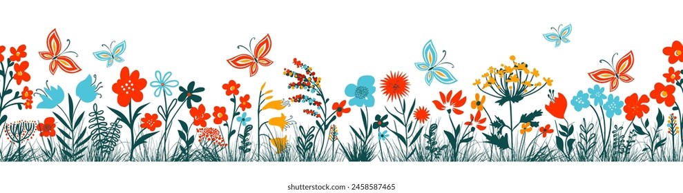 Cabezales de hierba Horizontal. Lindas flores simples y mariposas en la hierba. dibujo a mano. No AI, Ilustración vectorial