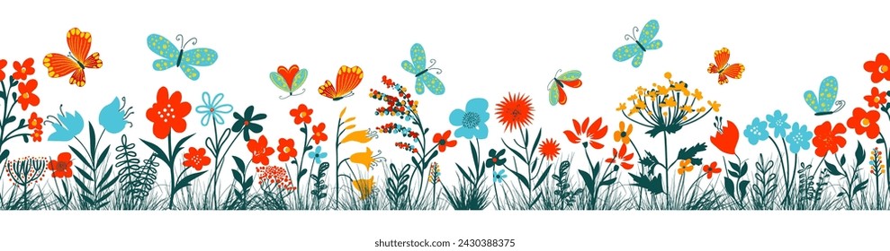 Horizontal grass headers seamless pattern. Cute simple flowers and butterflies in the grass. hand drawing. Not AI, Vector illustration.