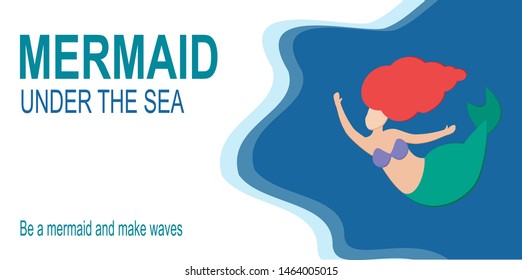 Horizontal greeeting invitation banner with cute little mermaid Ariel on a blue sea background with fish to the right. Beautiful nymph without a face swims in the ocean sea. Vector illustration.