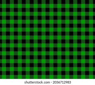 Horizontal green and black buffalo plaid texture. Checkered seamless pattern. Geometric fabric background for flannel shirt, picnic blanket, kitchen napkin, tweed coat. Vector flat illustration.
