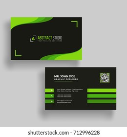 Horizontal green and black business card with front and back presentation.