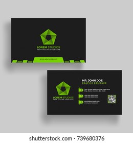 Horizontal green and black business card with front and back presentation.