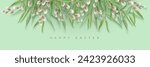 Horizontal green border - illustration with photorealistic willow leaves and branches on a green backdrop for Easter banner, greeting card