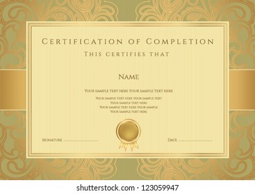 Horizontal green certificate of completion template with golden floral pattern and border. This design usable for diploma, invitation,  gift voucher, coupon, official or different awards. Vector