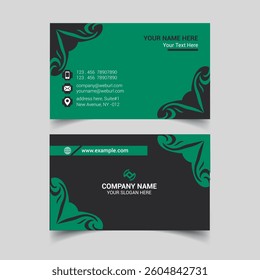 Horizontal Green and deep grey color business card vector template, simple clean layout design template
