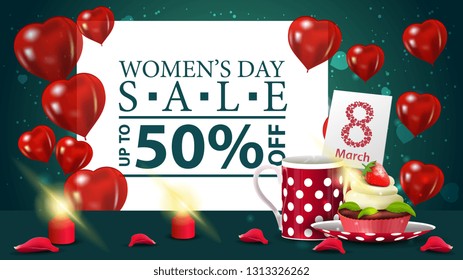 Horizontal green discount banner to the women's day with cup of tea with cupcake