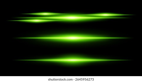 Feixes de clarão verde horizontal no layout empilhado em plano de fundo escuro com gradientes suaves e efeito de brilho. Elemento visual de ficção científica ou HUD.