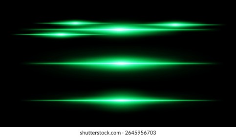 Feixes de clarão verde horizontal no layout empilhado em plano de fundo escuro com gradientes suaves e efeito de brilho. Elemento visual de ficção científica ou HUD.