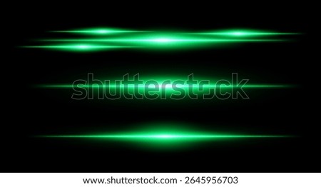 Horizontal green flare beams in stacked layout on dark background with smooth gradients and glow effect. Sci-fi or HUD visual element.