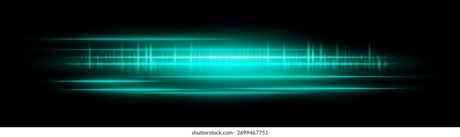Horizontal green glowing light streaks with motion blur and bright reflections. Perfect for overlays, visual effects, modern design, and digital highlights.