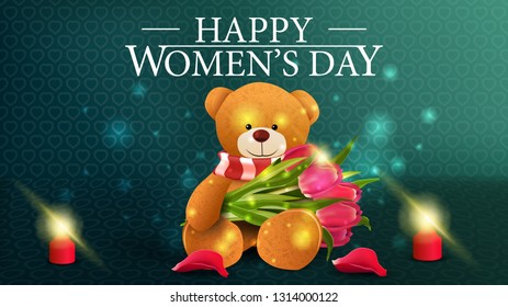 Horizontal green greeting postcard to the women's day with candle, rose petal and Teddy bear with a bouquet of tulips