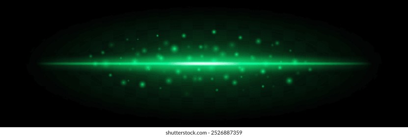 Horizontal green laser beam with scattered glowing particles isolated on a transparent background. Bright energy effect, ideal for sci-fi, futuristic themes, or digital graphic design.