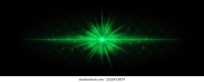 Horizontal green laser beam with starburst effect and scattered glowing particles on a transparent background. Ideal for sci-fi, futuristic, or technology-themed designs.