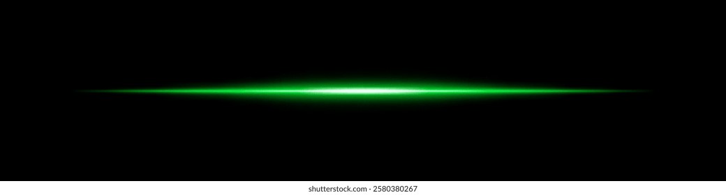 Horizontal green light beam glowing on black background. Abstract digital energy effect. Futuristic technology and sci-fi concept for design and wallpaper