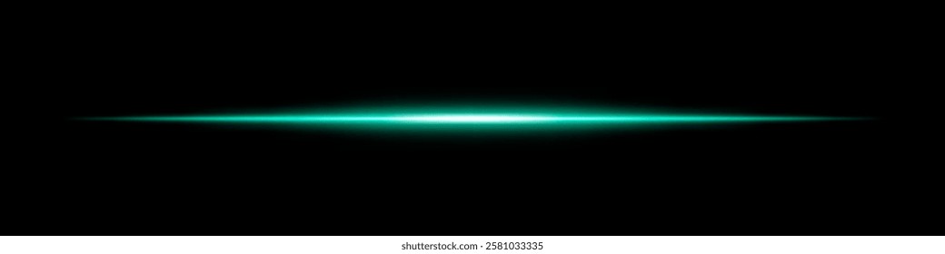 Horizontal green light beam glowing on black background. Abstract digital energy effect. Futuristic technology and sci-fi concept for design and wallpaper