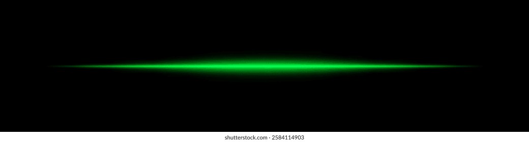 Horizontal green light beam glowing on black background. Abstract digital energy effect. Futuristic technology and sci-fi concept for design and wallpaper