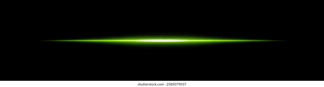 Horizontal green light beam glowing on black background. Abstract digital energy effect. Futuristic technology and sci-fi concept for design and wallpaper