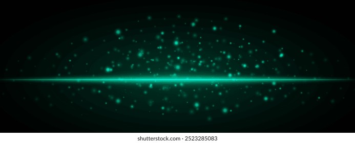 Horizontal green light effect isolated on dark background. Neon stripe with bright glowing lines and sparkling particles. Abstract rays. Vector illustration.