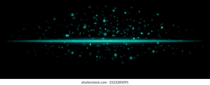 Horizontal green light effect isolated on dark background. Neon stripe with bright glowing lines and sparkling particles. Abstract rays. Vector illustration.