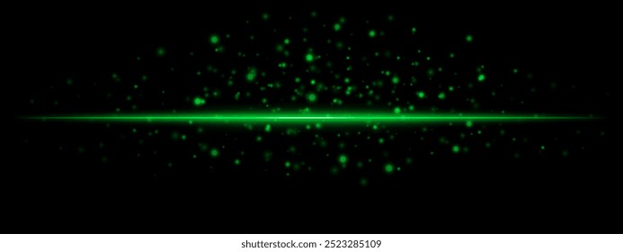 Horizontal green light effect isolated on dark background. Neon stripe with bright glowing lines and sparkling particles. Abstract rays. Vector illustration.