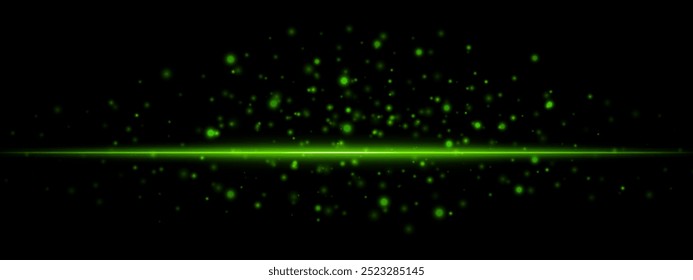 Horizontal green light effect isolated on dark background. Neon stripe with bright glowing lines and sparkling particles. Abstract rays. Vector illustration.
