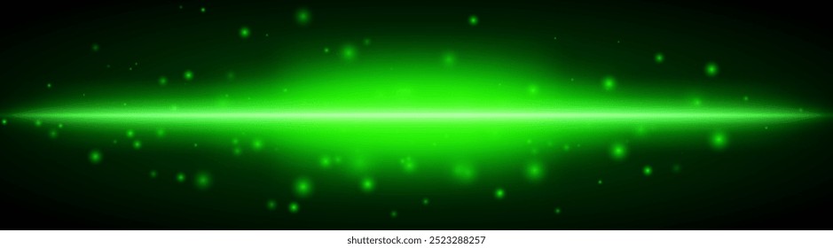 Horizontal green light effect isolated on dark background. Bright glowing beam with sparkles and lens flare. Graphical patch of reflected light. Abstract rays. Vector illustration.