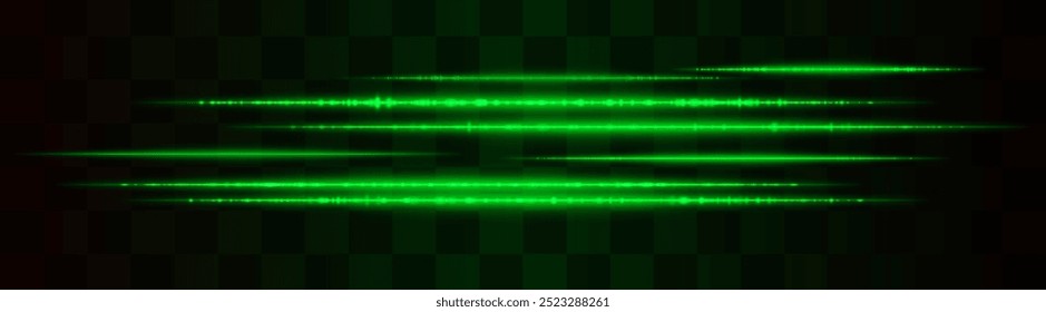 Horizontal green light effect isolated on transparent background. Graphical patch of reflected light. Neon stripes. Bright glowing lines. Lens flare. Abstract rays. Vector illustration