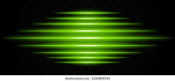 Horizontal green light effect isolated on transparent background. Radiant light stripes creating a glowing, layered effect. Ideal for design, abstract backgrounds, and digital graphics.