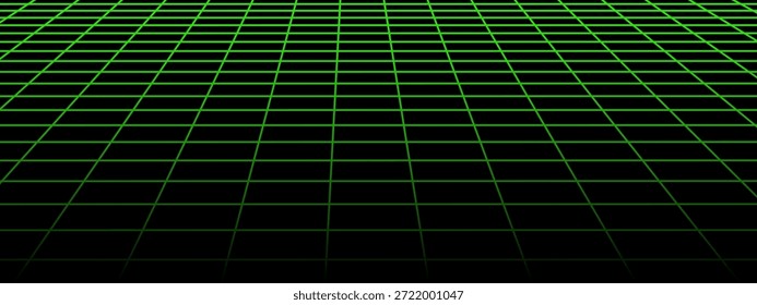 Horizontales grünes Neonraster in Perspektive. Bodentextur aus Laserfliesen. Muster der geprüften Ebene. Virtual-Reality-Drahtmodell-Oberfläche. Futuristisches geometrisches Design. Netzhintergrund. Vektorgrafik.