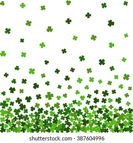 Horizontal green seamless pattern for St. Patrick's day from the falling clover leaves on white background. Design for banner, card, invitation, postcard, textile, wrapping paper. Vector illustration.