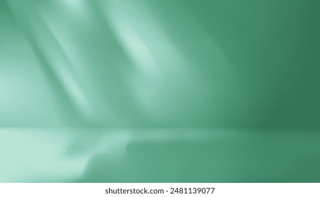 Horizontal fondo de estudio verde con luz natural y sombra, espacio para mostrar productos, luz solar como Fondo de pantalla en suelo y paredes, cosméticos, accesorios, medio ambiente.