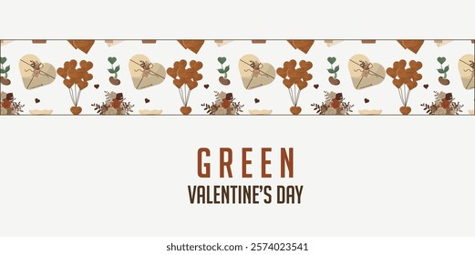 Horizontal Green Valentine's Day banner. Seamless horizontal border with sustainable Valentine's motifs flat style. Template for card, invitation or advertising. Valentine's day. Vector illustration