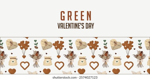 Horizontal Green Valentine's Day banner. Seamless horizontal border with sustainable Valentine's motifs flat style. Template for card, invitation or advertising. Valentine's day. Vector illustration