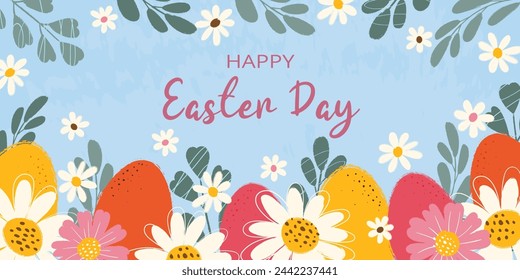 Horizontal greeting background decorated hand drawn blooming flowers, leaves, colorful eggs and typography Happy Easter Day. Flat vector grunge textured illustration on blue backdrop.