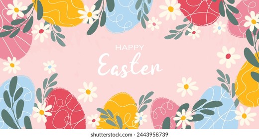 Horizontal greeting background decorated hand drawn white flowers, green branches, scribbles, colorful eggs and typography Happy Easter. Flat vector grunge textured illustration on pink backdrop.