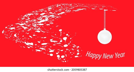 Fondo de saludo horizontal en rojo, bola de Navidad de plata blanca, onda de salpicadura abstracta - vector. Navidad. Feliz Año Nuevo.