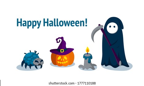 Horizontal greeting banner with Halloween characters. Pumpkin, spider and the Grim Reaper. Vector illustration for Halloween party.