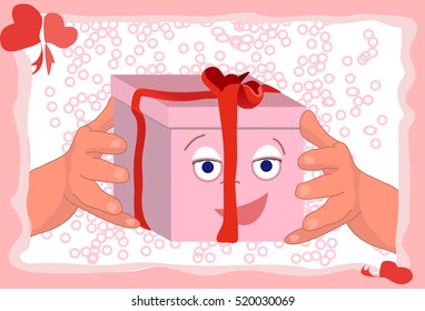 horizontal greeting card background with  presents box and hands