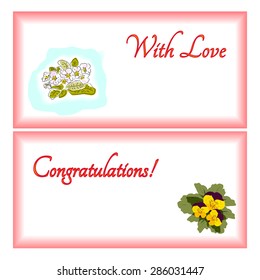 Horizontal Greeting card with  a bouquet of vintage pansy flowers and primrose on a white background. Vector illustration