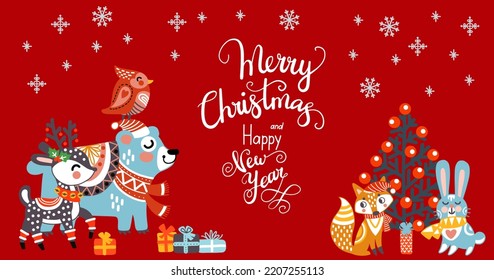 Horizontal greeting card with cute animals deer, bear, rabbit, fox with gifts and christmas tree vector illustration. Merry Christmas lettering. For print, design, fabric, porcelain, bed linen, decor