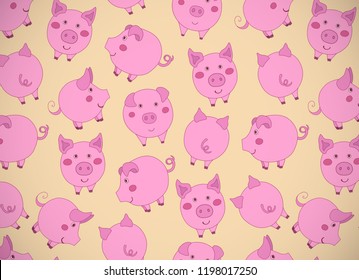Horizontal greeting card with cute cartoon pink pigs, apples and acorns on yellow. Vector illustration. Album orientation.