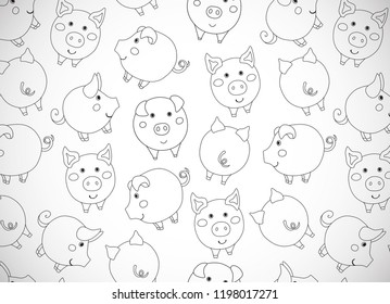 Horizontal greeting card with cute cartoon contour pigs, apples and acorns on white. Vector illustration. Album orientation.