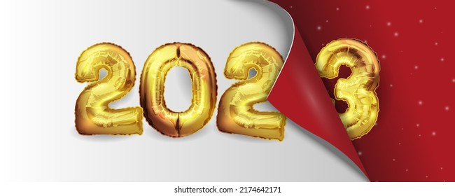 Horizontal Greeting card design template Happy New Year 2023, winter holiday. The end of 2022 and the beginning of 2023. The calendar page turns over and the new year begins